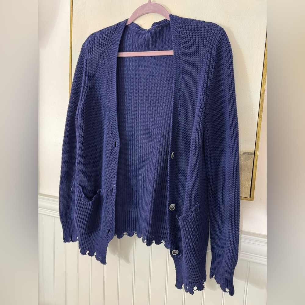 MK FASHIONS ITALY Women's Blue Knit Distressed Cardigan Sweater Size 46 - Picture 2 of 4